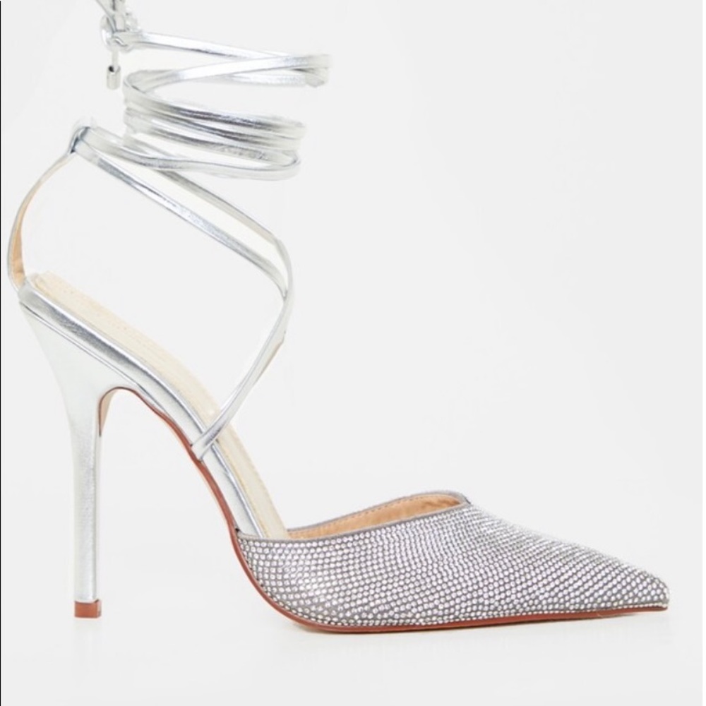 Silver Diamanté Toe Ankle Tie Court Shoe